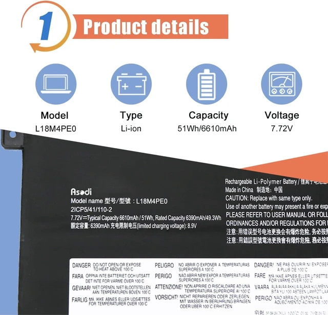 Alt view image 8 of 12 - ASODI L18M4PE0 L18L4PE0 Laptop Battery Compatible with Lenovo Yoga C740-14IML Series 5B10W67296 5B10U40209 5B10U40210 5B10W67185 7.72V 51Wh 6610mAh