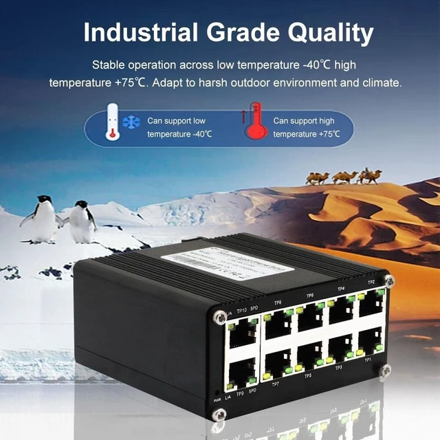 Alt view image 10 of 12 - Mini Industrial Switch 10 Ports Gigabit Switch Hardened 10 Port RJ45 10/100/1000Mbps Ethernet Switch Din Rail Mount Outdoor Ethernet Switch, Unmanaged Network Switch (-40 to 176°F) with 12-48V DC