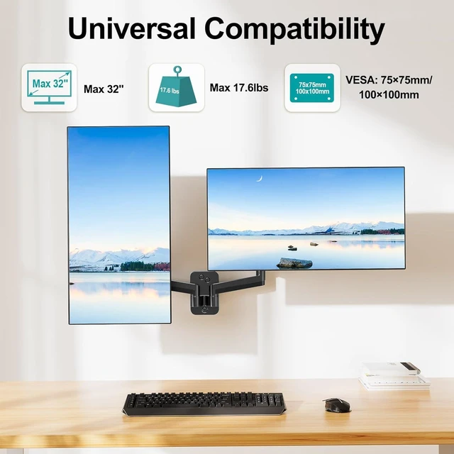 Alt view image 10 of 14 - MOUNT PRO Dual Monitor Wall Mount for 13 to 32 Inch Computer Screens, Gas Spring Arm for 2 Monitors, Each Holds Up to 17.6lbs, Full Motion Wall Monitor Mount with VESA 75x75/100x100