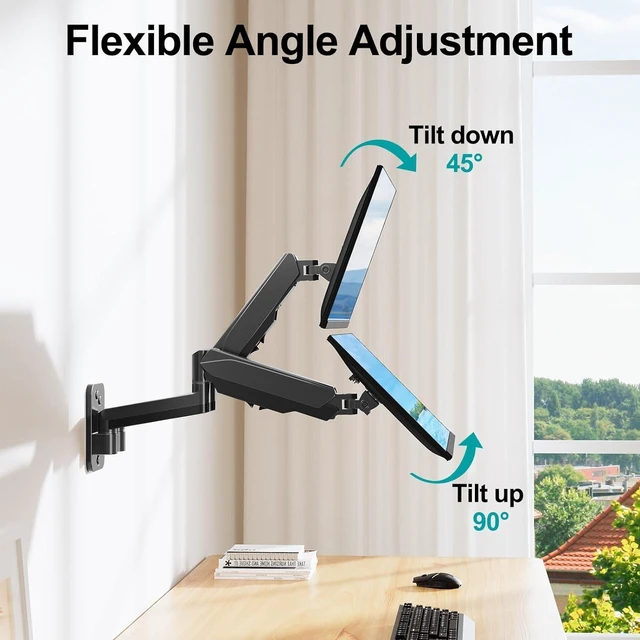 Alt view image 12 of 14 - MOUNT PRO Dual Monitor Wall Mount for 13 to 32 Inch Computer Screens, Gas Spring Arm for 2 Monitors, Each Holds Up to 17.6lbs, Full Motion Wall Monitor Mount with VESA 75x75/100x100