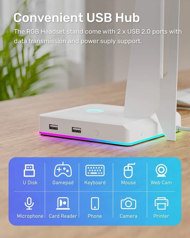 Alt view image 11 of 14 - RGB Gaming Headset Stand with 2 USB Ports, Game Headphone Mount for PC, Xbox One, PS4, Switch, Earphone Holder Hanger, Great for Gaming Stations, Fancy Desk Gamer Accessories, White