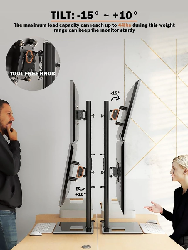 Alt view image 11 of 14 - Dual Monitor Stand - Vertical Stack Screen Free-Standing Monitor Riser Fits Two 13 to 34 Inch Screen with Swivel, Tilt, Height Adjustable, Holds One (1) Screen Up to 44Lbs