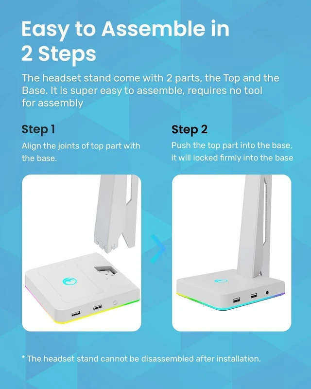 Alt view image 13 of 14 - RGB Gaming Headset Stand with 2 USB Ports, Game Headphone Mount for PC, Xbox One, PS4, Switch, Earphone Holder Hanger, Great for Gaming Stations, Fancy Desk Gamer Accessories, White