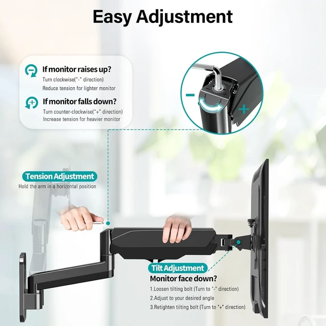 Alt view image 9 of 14 - MOUNT PRO Dual Monitor Wall Mount for 13 to 32 Inch Computer Screens, Gas Spring Arm for 2 Monitors, Each Holds Up to 17.6lbs, Full Motion Wall Monitor Mount with VESA 75x75/100x100