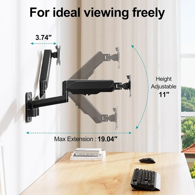 Alt view image 14 of 14 - MOUNT PRO Dual Monitor Wall Mount for 13 to 32 Inch Computer Screens, Gas Spring Arm for 2 Monitors, Each Holds Up to 17.6lbs, Full Motion Wall Monitor Mount with VESA 75x75/100x100