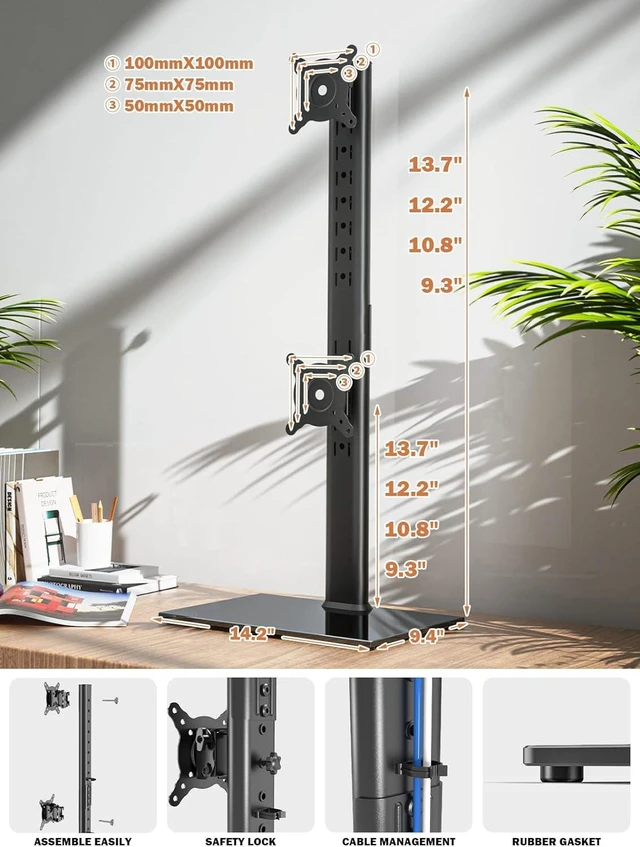 Alt view image 12 of 14 - Dual Monitor Stand - Vertical Stack Screen Free-Standing Monitor Riser Fits Two 13 to 34 Inch Screen with Swivel, Tilt, Height Adjustable, Holds One (1) Screen Up to 44Lbs