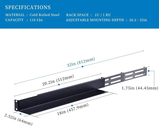 Alt view image 8 of 12 - 1U 4-Post Server Rack Rail, 20.2-32 Inch Adjustable Depth - 110lbs Capacity
