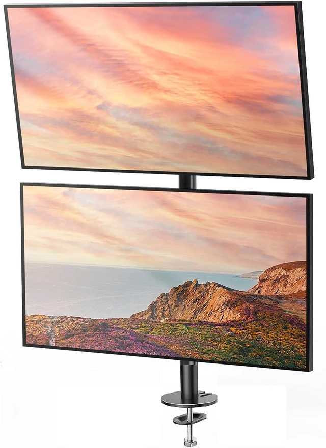 Alt view image 8 of 14 - HUANUO Vertical Dual Monitor Mount, Stacked Monitor Stand for 2 Monitors with Height Adjustment Computer Monitor Arm Supports Two 17 to 32 Inch with C Clamp Each Monitor Desk Mount Hold up to 17.6lbs