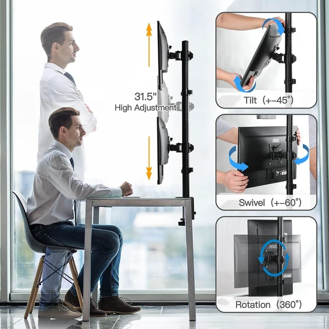 Alt view image 10 of 14 - HUANUO Vertical Dual Monitor Mount, Stacked Monitor Stand for 2 Monitors with Height Adjustment Computer Monitor Arm Supports Two 17 to 32 Inch with C Clamp Each Monitor Desk Mount Hold up to 17.6lbs