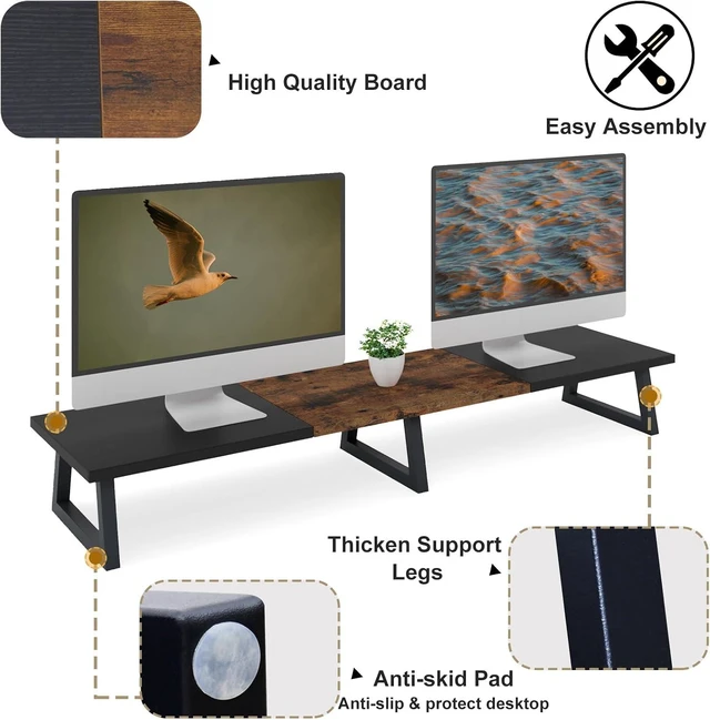 Alt view image 10 of 14 - TEAMIX 42 inch Large Dual Monitor Riser, Extra Long Monitor Stand Riser for 2 Monitors, Wood & Steel Desktop Riser Desk Organization Home Office (Black+Brown, 42 inch)
