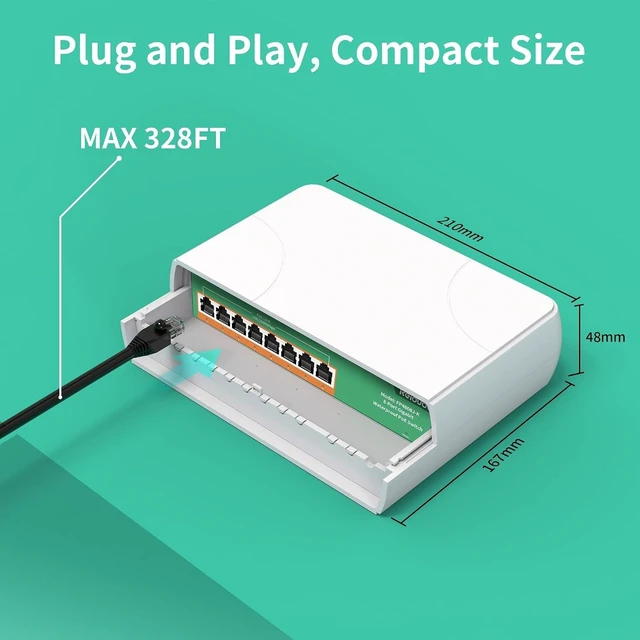 Alt view image 14 of 14 - Reidubo Outdoor 8 Port Gigabit PoE Switch Waterproof, 1000 Mbps 8 PoE+ Ports 120W, IEEE802.3af/at Power Over Ethernet Unmanaged Network Switch, Plug & Play