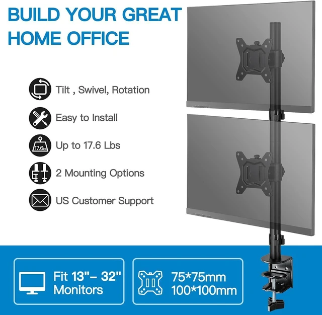 Alt view image 9 of 14 - HUANUO Vertical Dual Monitor Mount, Stacked Monitor Stand for 2 Monitors with Height Adjustment Computer Monitor Arm Supports Two 17 to 32 Inch with C Clamp Each Monitor Desk Mount Hold up to 17.6lbs