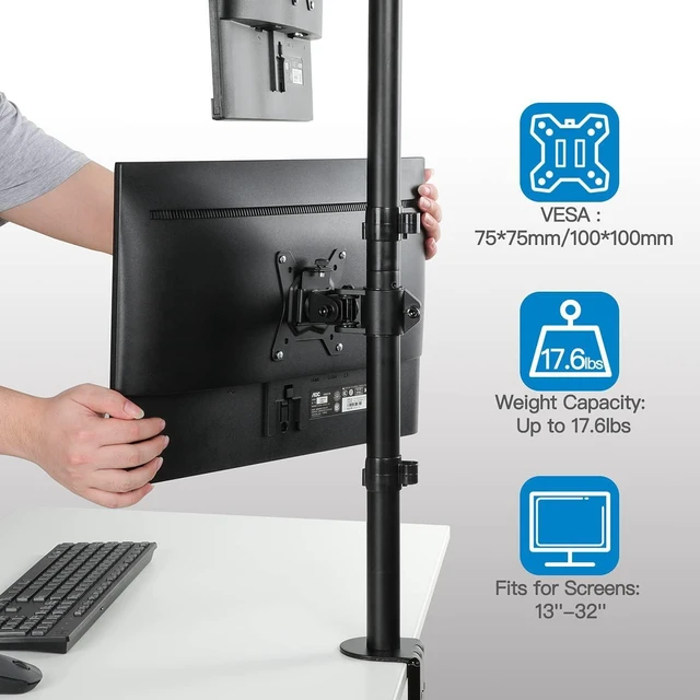 Alt view image 12 of 14 - HUANUO Vertical Dual Monitor Mount, Stacked Monitor Stand for 2 Monitors with Height Adjustment Computer Monitor Arm Supports Two 17 to 32 Inch with C Clamp Each Monitor Desk Mount Hold up to 17.6lbs