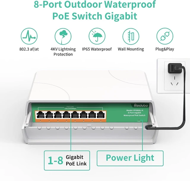 Alt view image 9 of 14 - Reidubo Outdoor 8 Port Gigabit PoE Switch Waterproof, 1000 Mbps 8 PoE+ Ports 120W, IEEE802.3af/at Power Over Ethernet Unmanaged Network Switch, Plug & Play