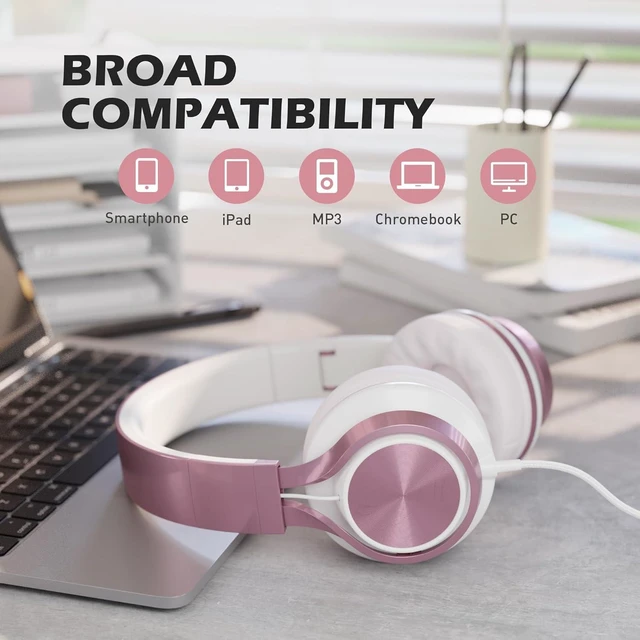 Alt view image 11 of 12 - AILIHEN C8 Girls Headphones, On-Ear Headphones Wired with Microphone and Volume Control Foldable Corded Stereo 3.5mm Headset for Girls School Chromebook Laptop Computer PC Tablets Travel (Rose Gold)