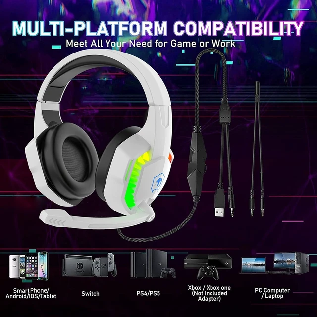 Alt view image 14 of 14 - Wired Gaming Keyboard and Mouse Headset Combo,Rainbow LED Backlit Wired Keyboard,Over Ear Headphone with Mic,Rainbow Backlit Gaming Mice,Mouse Pad,for PC,Laptop,Mac,PS4,Xbox(White)