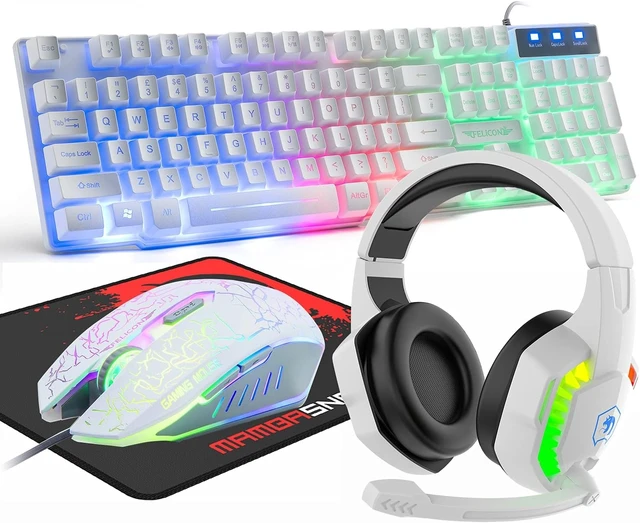Alt view image 8 of 14 - Wired Gaming Keyboard and Mouse Headset Combo,Rainbow LED Backlit Wired Keyboard,Over Ear Headphone with Mic,Rainbow Backlit Gaming Mice,Mouse Pad,for PC,Laptop,Mac,PS4,Xbox(White)
