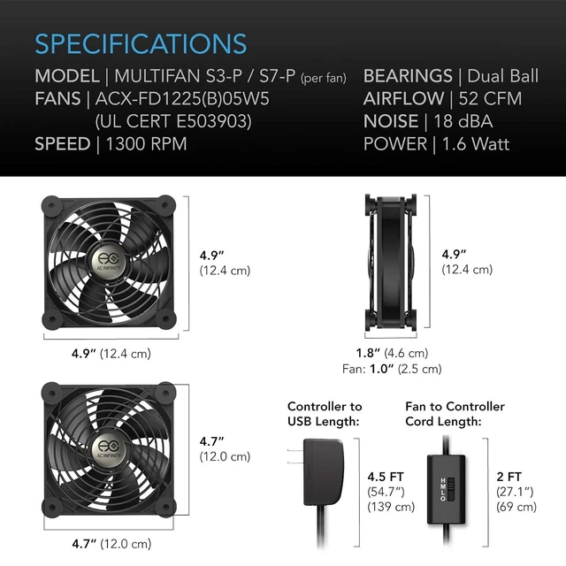 Alt view image 13 of 14 - AC Infinity MULTIFAN S7-P, Quiet Dual 120mm AC-Powered Fan with Speed Control, UL-Certified for Receiver DVR Playstation Xbox Component Cooling