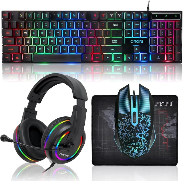 Alt view image 8 of 14 - Gaming LED Keyboard Mouse Headset and Mousepad Bundle, CHONCHOW Wired Rainbow LED Light Up Gaming Keyboard Mouse Headset, Value 4 in 1 Game Set for Xbox PS4 PS5 PC Laptop Gamer