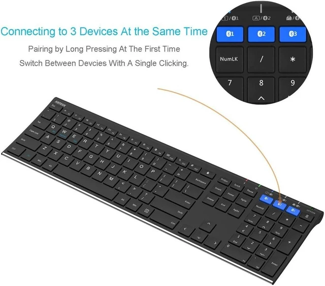 Alt view image 9 of 14 - Arteck HB192 Universal Bluetooth Keyboard Multi-Device Stainless Steel Full Size Wireless Keyboard for Windows iOS Android Computer Desktop Laptop Surface Tablet Smartphone Rechargeable Battery