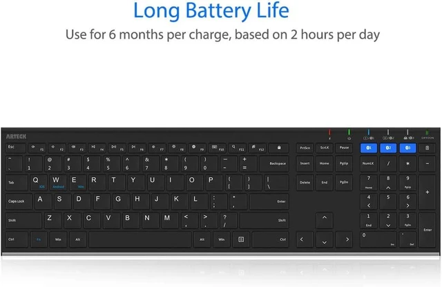 Alt view image 12 of 14 - Arteck HB192 Universal Bluetooth Keyboard Multi-Device Stainless Steel Full Size Wireless Keyboard for Windows iOS Android Computer Desktop Laptop Surface Tablet Smartphone Rechargeable Battery