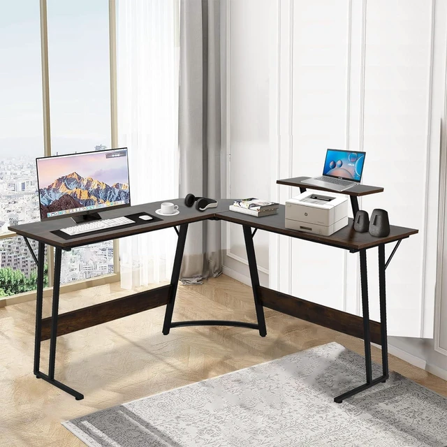 Alt view image 7 of 8 - NiamVelo L Shaped Gaming Desk with Large Desktop & Storage Space - Ideal for Studying, Working, and Gaming - Adjustable Feet & Optional Tray Table Installation (Brown)