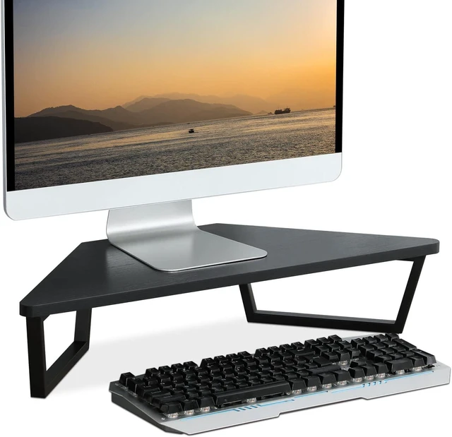Alt view image 7 of 12 - TEAMIX 26 inch Triangle Monitor Stand Riser, Desktop Corner Shelf with Metal Leg Wood Computer Stand with Storage Laptop Riser Office Organization