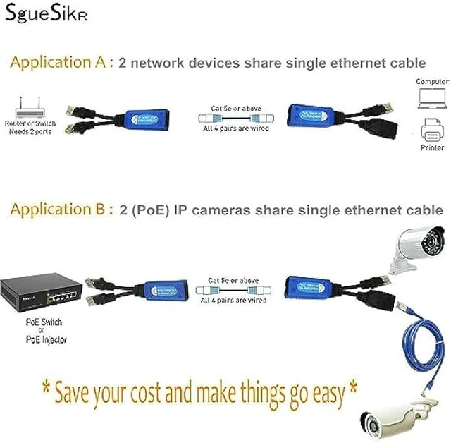 Alt view image 10 of 12 - 4 Pair PoE Ethernet Splitter, RJ45 Cable Sharing Kits, 2-in-1 Cat5 Combiner for 8 Security IP Cameras NVR Surveillance System