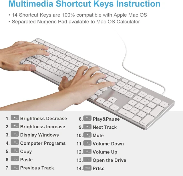 Alt view image 11 of 14 - All-Aluminum Keyboard for Apple Mac OS,Well-Built and Duralable, USB-A/USB-C Wired Keyboard with Numeric Keypad for iMac/Mac Mini or MacBook (Keyboard Riser Included)