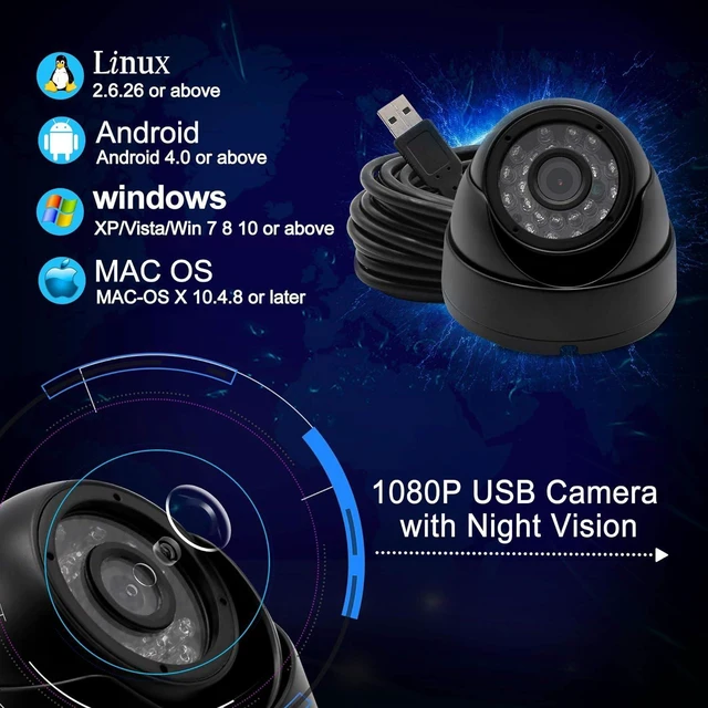 Alt view image 14 of 14 - 1080P Security Webcam 2 Megapixel USB Camera Day Night Vision Indoor Outdoor Webcamera,High Frame 100fps OTG Camera Vandal-Proof Minicam with 24pcs IR LED for for Baby Pets Monitor,Home Security