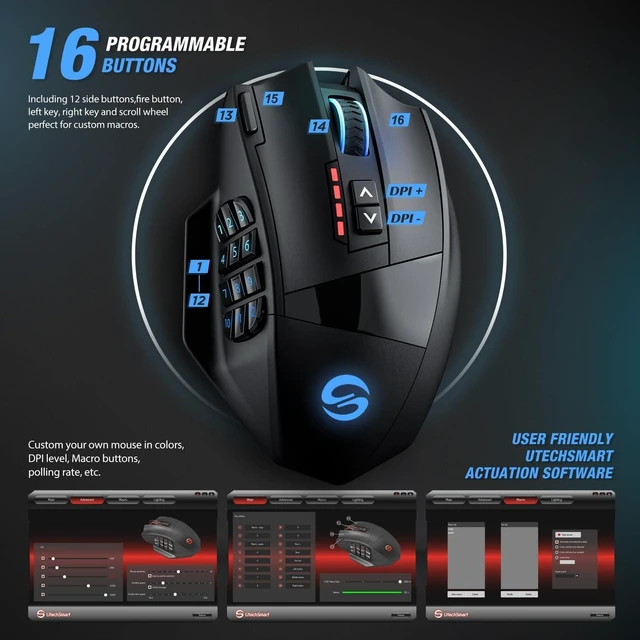 Alt view image 11 of 12 - UtechSmart Venus Pro RGB Wireless MMO Gaming Mouse, 16,000 DPI Optical Sensor, 2.4 GHz Transmission Technology, Ergonomic Design, 16M Chroma RGB Lighting, 16 programmable Buttons, Up to 70 Hours