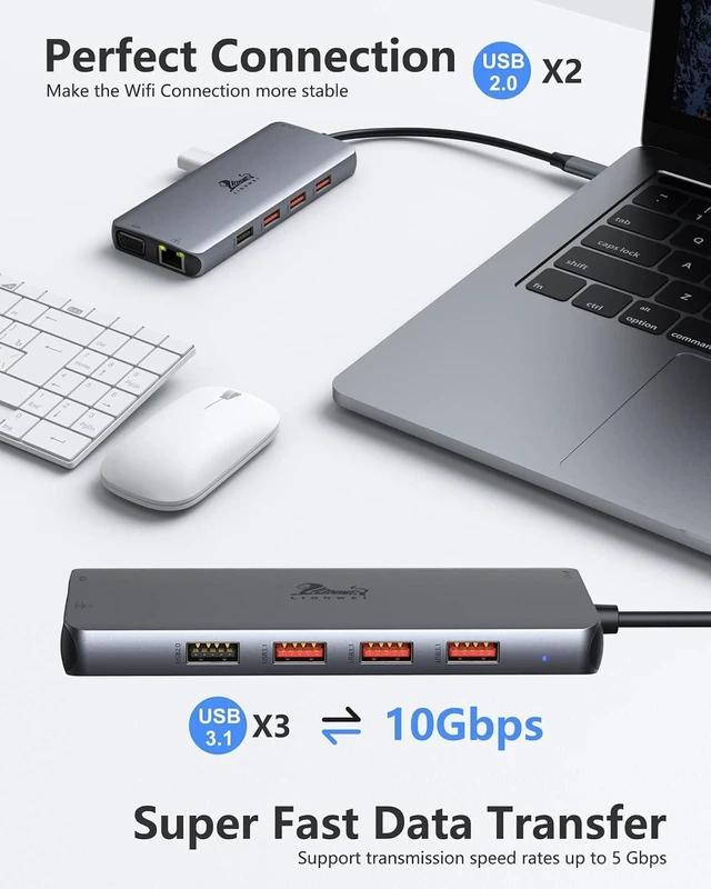 Alt view image 12 of 13 - USB C Docking Station Dual Monitor, 11-in-1 USB-C Laptop Docking Station to Dual 4K HDMI,VGA,Gigabit Ethernet,3 * 10G USB 3.1,2*USB 2.0,87W PD,3.5mm Audio/Mic for Dell/Surface/HP/Lenovo Laptops