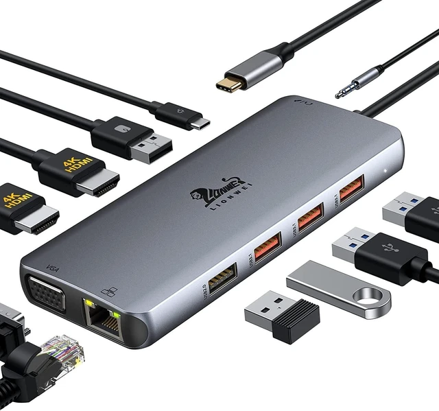 Alt view image 8 of 13 - USB C Docking Station Dual Monitor, 11-in-1 USB-C Laptop Docking Station to Dual 4K HDMI,VGA,Gigabit Ethernet,3 * 10G USB 3.1,2*USB 2.0,87W PD,3.5mm Audio/Mic for Dell/Surface/HP/Lenovo Laptops