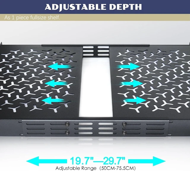 Alt view image 9 of 12 - 1U Rack Shelves (2-Pack), 1 PCS 8" Deep Cantilever & 1 PCS 12" Deep Cantilever, with Optional Joints to Combine as One Full Size Server Rack Shelf