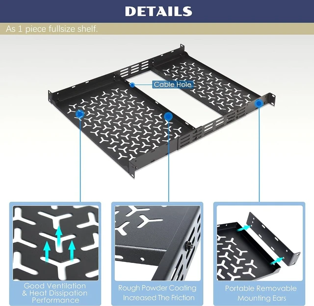 Alt view image 10 of 12 - 1U Rack Shelves (2-Pack), 1 PCS 8" Deep Cantilever & 1 PCS 12" Deep Cantilever, with Optional Joints to Combine as One Full Size Server Rack Shelf