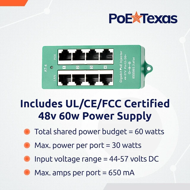 Alt view image 12 of 12 - PoE Texas 4 Port PoE/PoE+ Injector with 48V 60W Power Supply - Gigabit Injector - Active Mode A Power Over Ethernet Multi Port PoE Adapter - Supports 4 PoE (802.3af or at) up to 60 watts