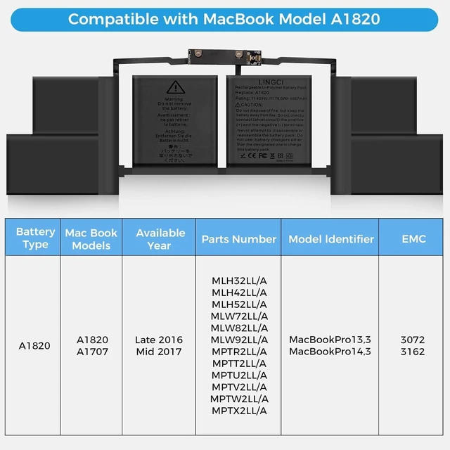 Alt view image 10 of 14 - A1707 Battery,A1820 Battery Replacement for MacBook Pro A1707 (2016, 2017) 15-inch A1820 EMC 3072 EMC 3162 (Upgraded High Performance 11.4V 78Wh 6667mAh)
