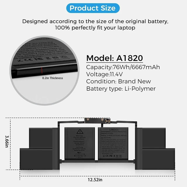 Alt view image 12 of 14 - A1707 Battery,A1820 Battery Replacement for MacBook Pro A1707 (2016, 2017) 15-inch A1820 EMC 3072 EMC 3162 (Upgraded High Performance 11.4V 78Wh 6667mAh)