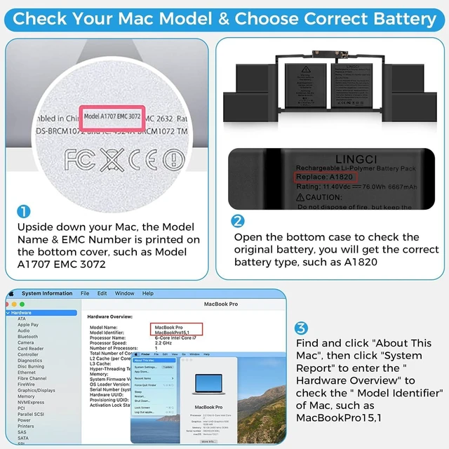Alt view image 13 of 14 - A1707 Battery,A1820 Battery Replacement for MacBook Pro A1707 (2016, 2017) 15-inch A1820 EMC 3072 EMC 3162 (Upgraded High Performance 11.4V 78Wh 6667mAh)