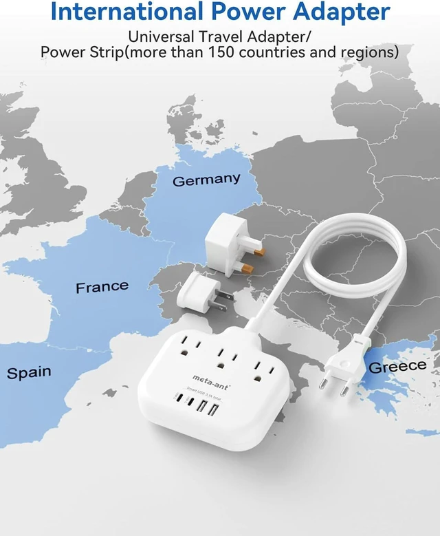 Alt view image 9 of 14 - European Travel Plug Adapter, US to European Plug Adapter with 3 American Outlets & 4 USB, 3ft European Power Cord, International Travel Power Strip, Type C for Europe EU Germany France, Travel, White