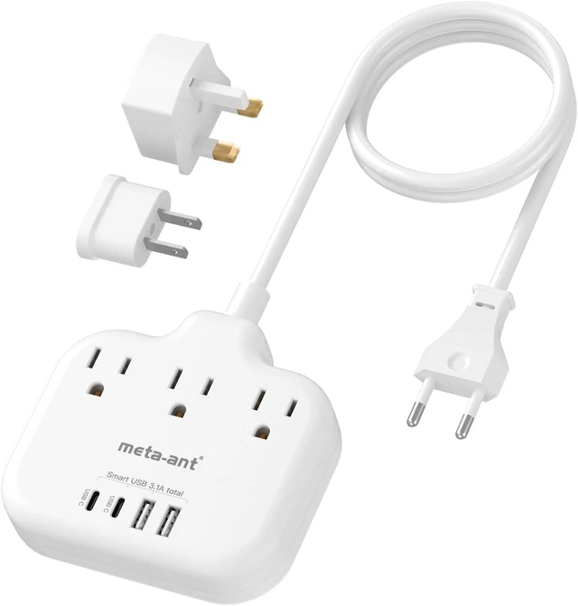Alt view image 8 of 14 - European Travel Plug Adapter, US to European Plug Adapter with 3 American Outlets & 4 USB, 3ft European Power Cord, International Travel Power Strip, Type C for Europe EU Germany France, Travel, White