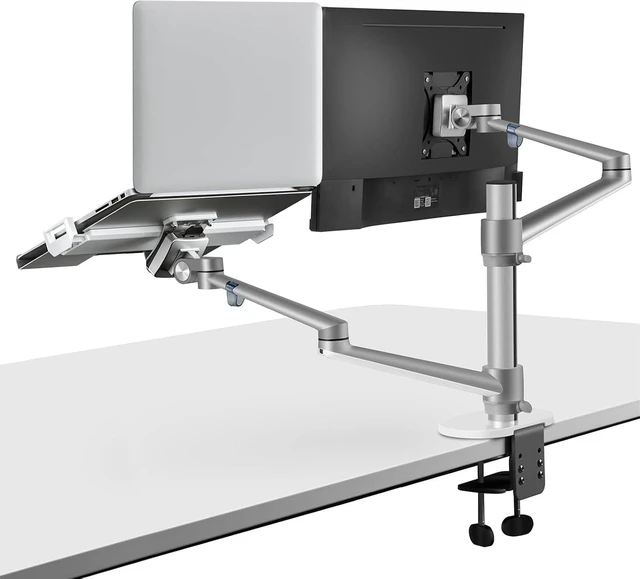 Alt view image 8 of 12 - Viozon Monitor and Laptop Mount, 2-in-1 Adjustable Dual Arm Desk Mounts Single Desk Arm Stand/Holder for 17 to 32 Inch LCD Computer Screens, Extra Tray Fits 12 to 17 inch Laptops (Silver)