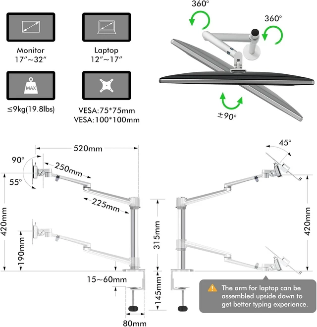 Alt view image 10 of 12 - Viozon Monitor and Laptop Mount, 2-in-1 Adjustable Dual Arm Desk Mounts Single Desk Arm Stand/Holder for 17 to 32 Inch LCD Computer Screens, Extra Tray Fits 12 to 17 inch Laptops (Silver)