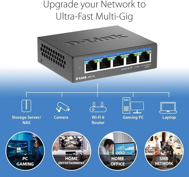Alt view image 10 of 12 - D-Link 5-Port 2.5GB Unmanaged Gaming Switch with 5 x 2.5G - Multi-Gig, Network, Fanless, Plug & Play (DMS-105),Black