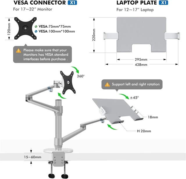 Alt view image 9 of 12 - Viozon Monitor and Laptop Mount, 2-in-1 Adjustable Dual Arm Desk Mounts Single Desk Arm Stand/Holder for 17 to 32 Inch LCD Computer Screens, Extra Tray Fits 12 to 17 inch Laptops (Silver)