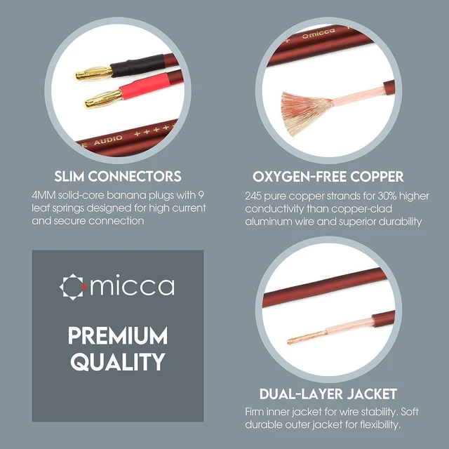 Alt view image 7 of 8 - Micca 14 Gauge Pure Copper Speaker Wire, 12 Feet 2 Pack, Gold Plated Banana Plugs, Soldered Construction, Slim Design, 245 Strands, for Stereo or Home Theater, 4 Meters Pair