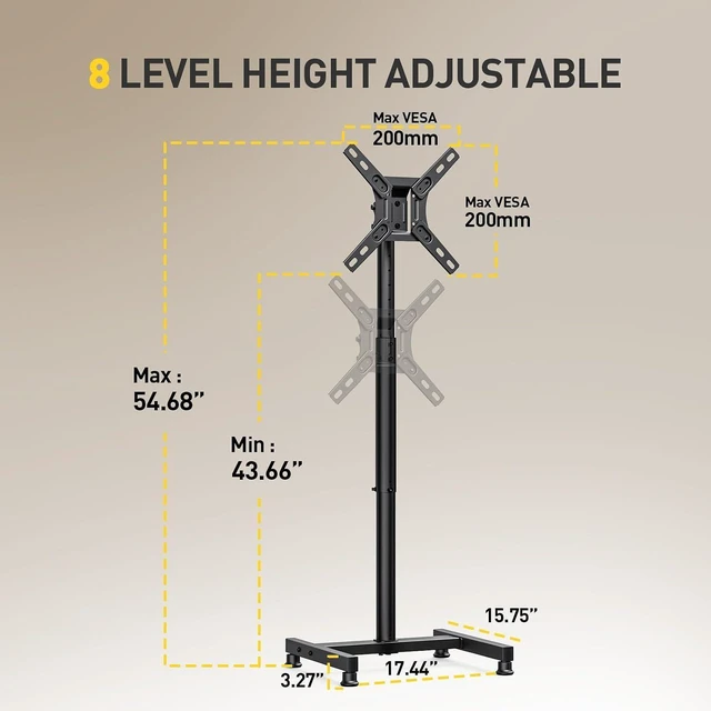 Alt view image 10 of 14 - AM alphamount TV Floor Stand for 13-43 inch Flat/Curved TVs up to 44 lbs, 8 Level Height Adjustable Monitor Floor TV Stand with VESA 200x200, Portable TV Mount Stand for Living Room, Bedroom, Office