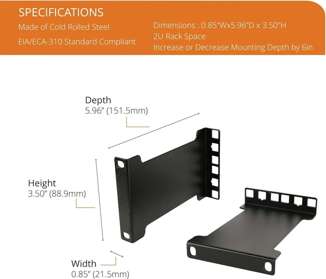 Alt view image 8 of 12 - Server Rack Depth Extender - 2U - 6inch / 15.24 cm - TAA Compliant - Recessed Rack Adapter - Rack Mount Adapter Kit - Network Rack Extender
