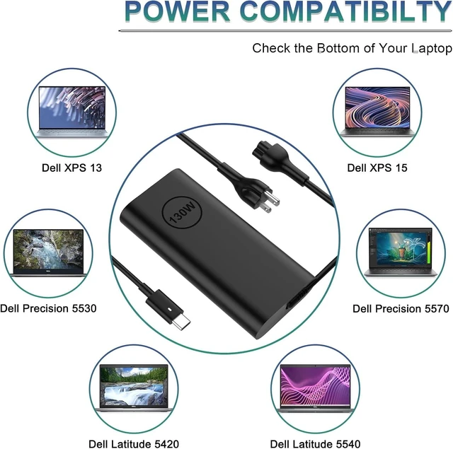 Alt view image 10 of 14 - Replacement for Dell 130W Laptop Charger USB C Slim Adapter - Precision 5560 3560 5540 5570 5550 3561 5510 5520 XPS 17 15 7590 9700 9500 9510 Latitude 7410 7310 7210 Type C Computer AC Power Cord 6ft