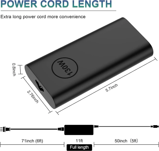 Alt view image 11 of 14 - Replacement for Dell 130W Laptop Charger USB C Slim Adapter - Precision 5560 3560 5540 5570 5550 3561 5510 5520 XPS 17 15 7590 9700 9500 9510 Latitude 7410 7310 7210 Type C Computer AC Power Cord 6ft